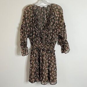 Zara Mini Dress Womens Sz XS Floral Ruffle Long Sleeve Sheer Boho Cottagecore